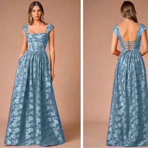 Azazie Backless Blue Floral Dress